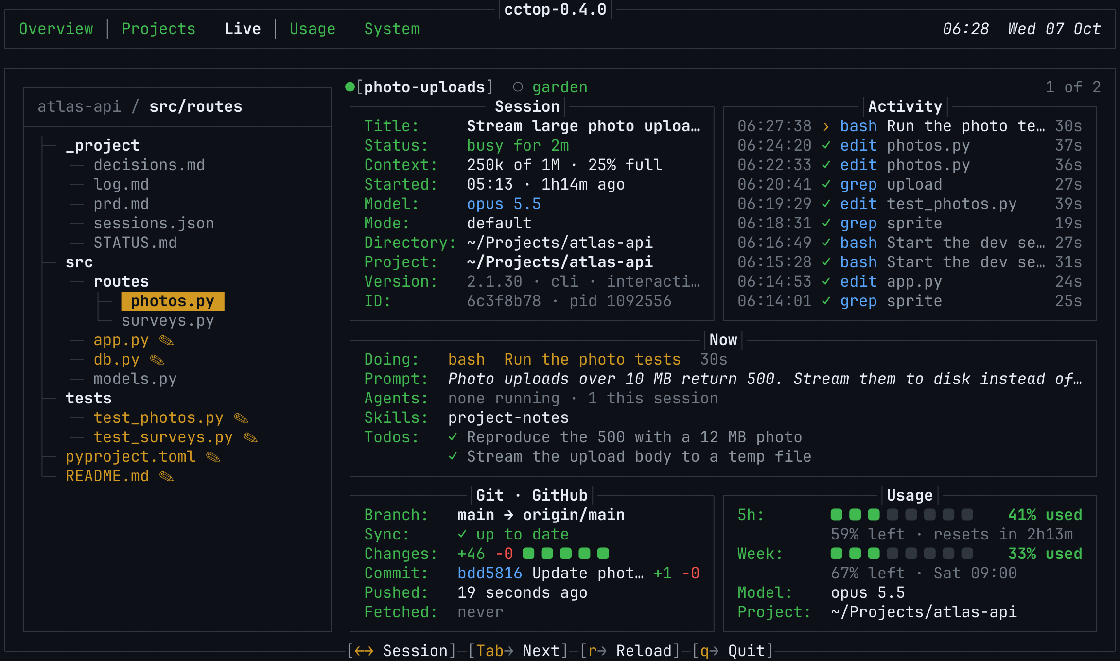 The Live tab: a file tree highlighting the file being edited, session details, an activity feed, the current prompt with todos, git status and plan usage.
