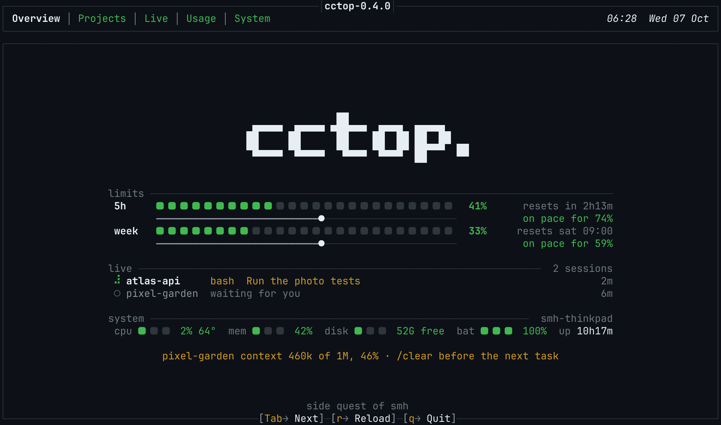 The Overview tab: the cctop logo, plan limit bars at 41% and 33% with reset times, two live sessions, a system summary and a context reminder for one session.